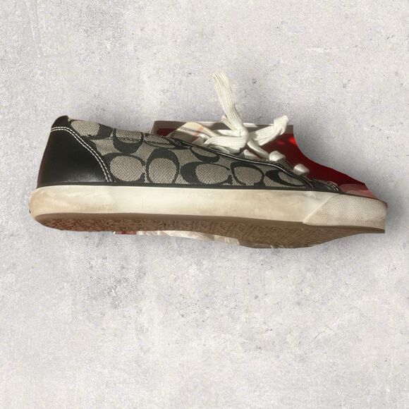 COACH BARRETT LOW-TOP CANVAS LOGO SNEAKERS, GRAY-BLACK, LEATHER TRIM, SZ 8.5 - Picture 5 of 15